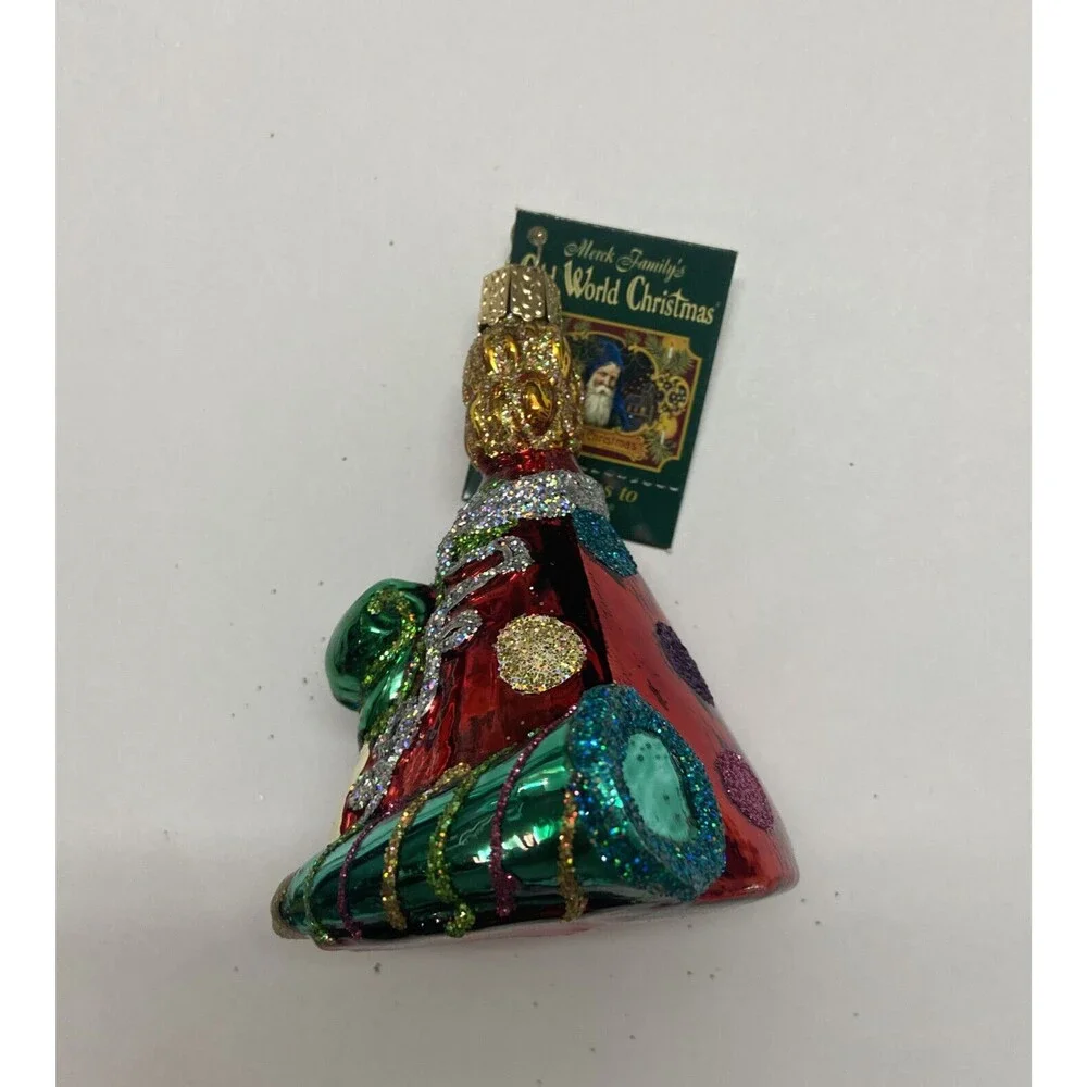 Old World Christmas Red Green Gold Party Hat Glass Ornament 3.5  inch